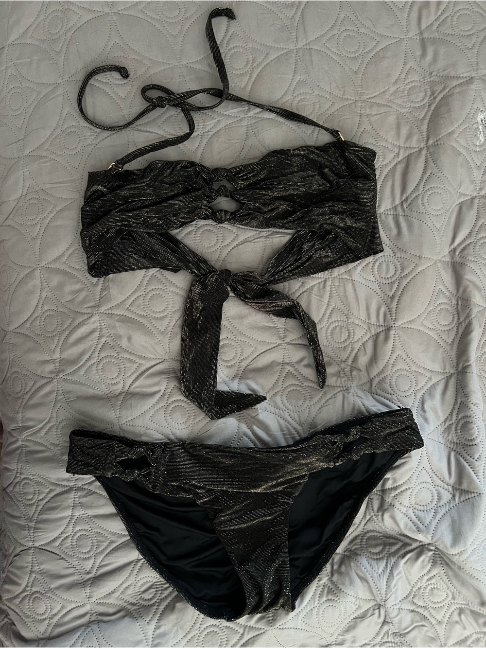 Pilyq Metallic Black Tie-back Bandeau Bikini